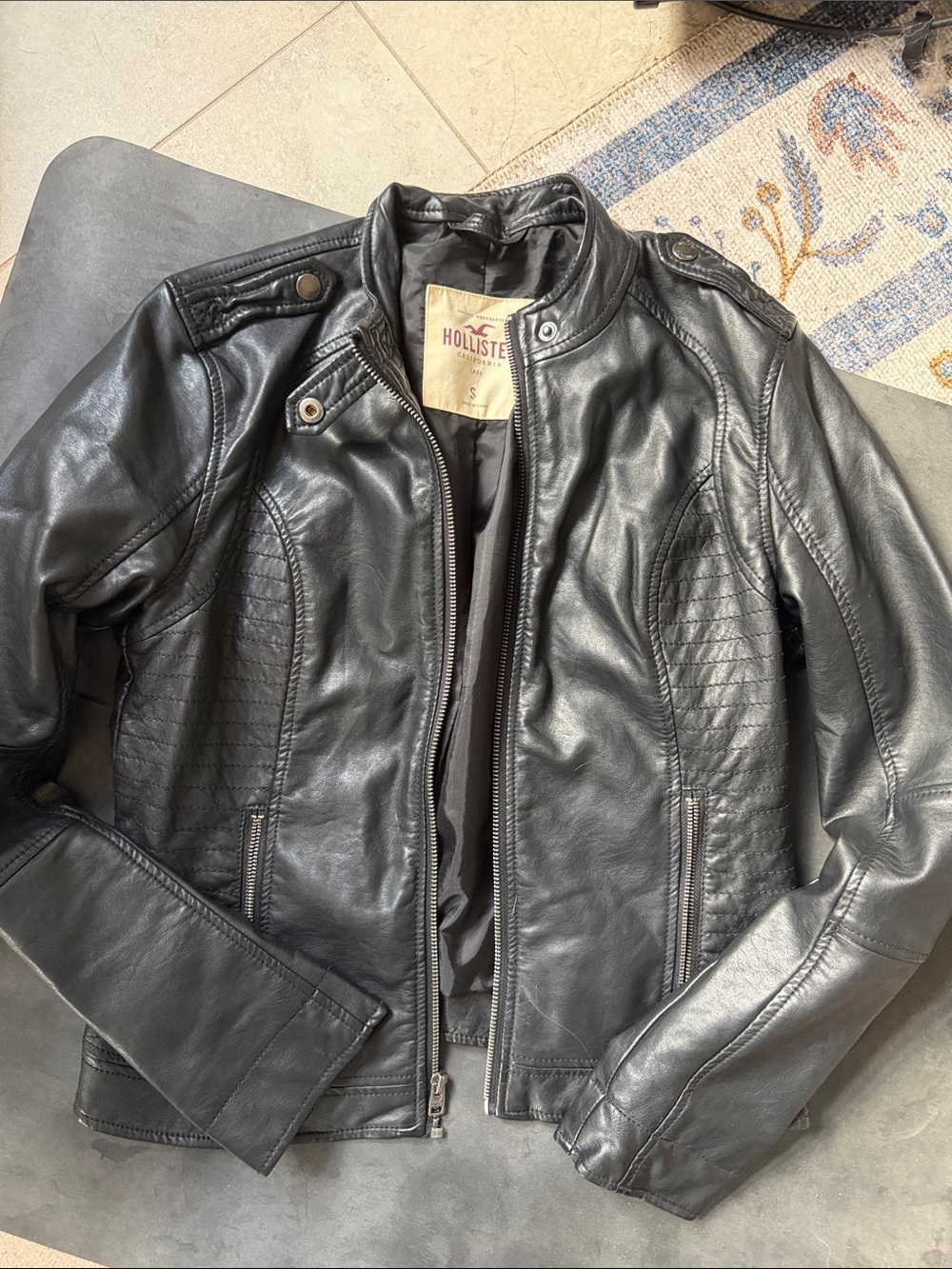 Hollister Black Faux Leather Quilted Moto Jacket